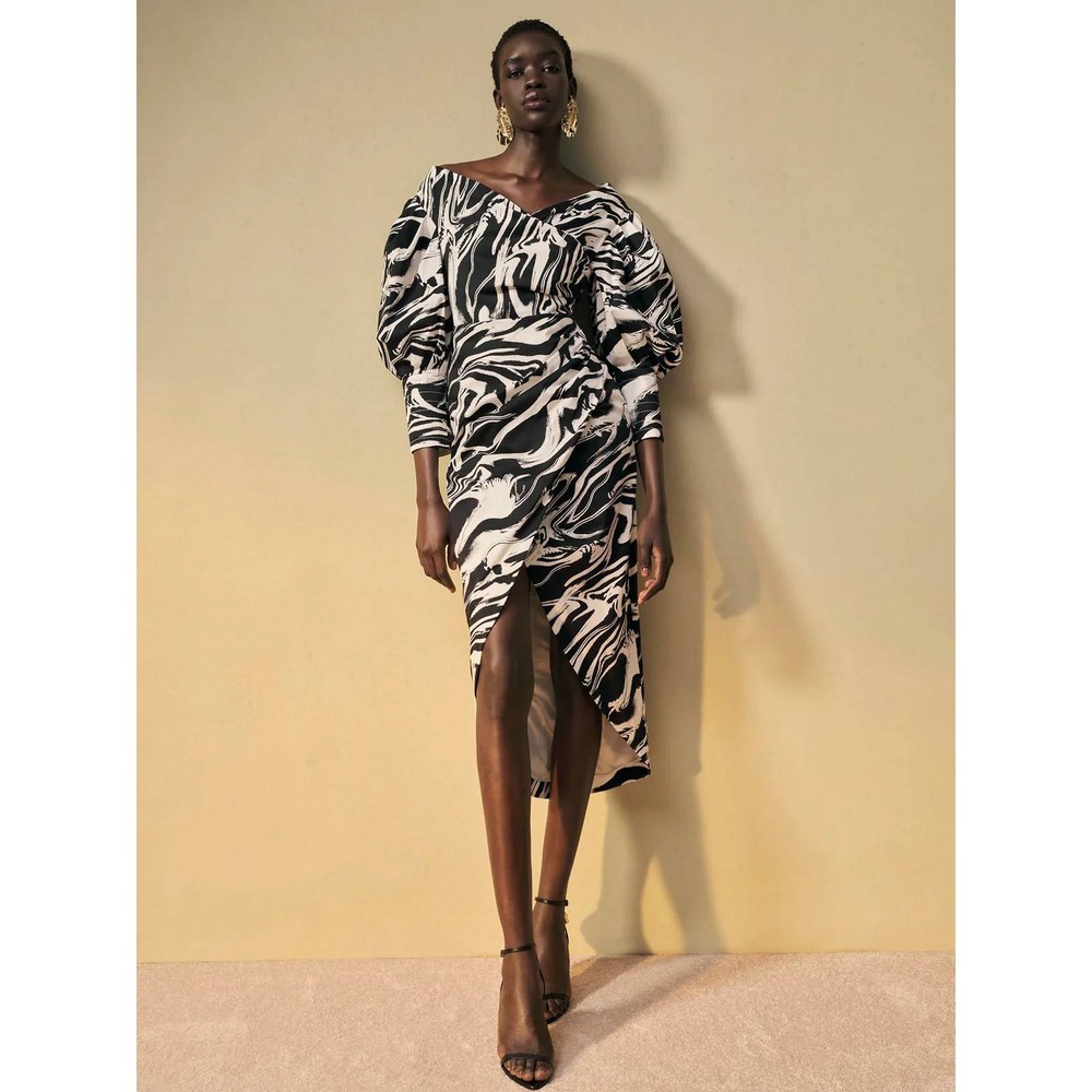 Megan Renee Size XS Nordstrom Maxi Dress Black‎ White Print Long Sleeve
